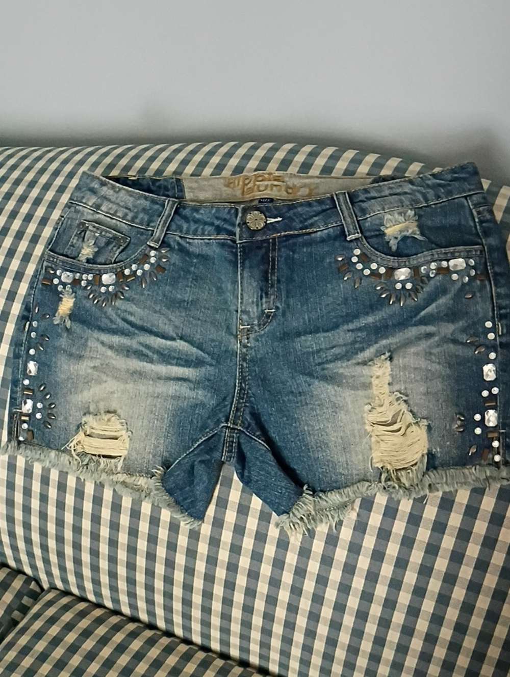 hippie laundry Blue Distressed Denim Shorts with Rhinestone Studs